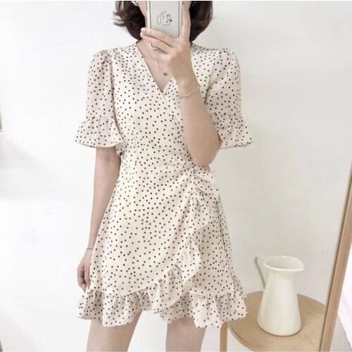Feminine polka dots print ruffles V-neck chiffon dress