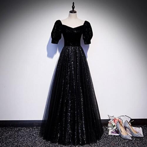 Evening Dress Black V-Neck Short Sleeves Elegant Sequins Zipper Back A-Line Simple Floor-Length Party Formal Dresses Woman B963