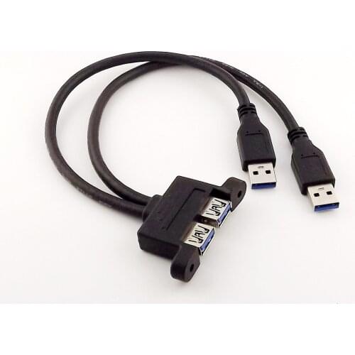 1x Dual USB 3.0 A Male to Female with Screw Panel Mount Holes Extension Connector Cable 1FT/1.5FT