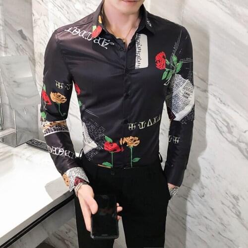 2021 New Long Sleeves FLOWER Printing Classic Style Mens Hawaiian BLACK Shirt Loose French Cuff Brand Fashion Shirts M-3XL