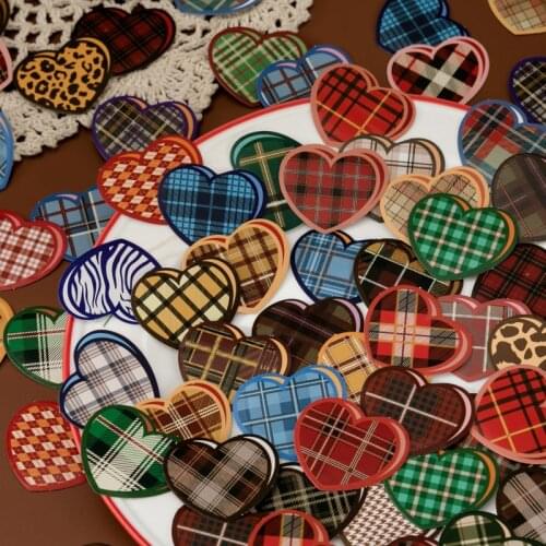 45 PCS Vintage Sewed Heart Multicolor Grid leopard-print Decorative Stickers for Scrapbooking DIY Arts Crafts Album Journal