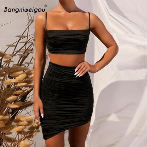Bangniweigou casual crop top scarf skirt two piece sets women summer short ruched camis with slim ruched skirts solid outfit