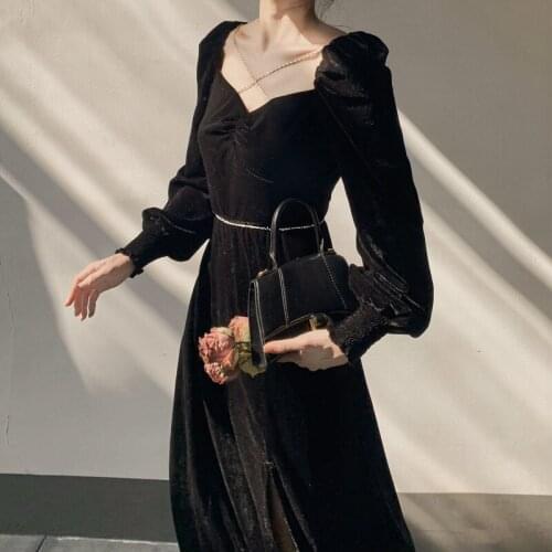 Black French Midi Dress 2021 Autumn Elegant Vintage Velvet Party Dress Casual High Waist Slim Evening One Piece Dress Korean