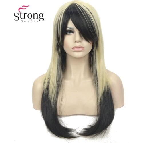 Long Layered Straight Golden Blonde and Black mix Cosplay Party Full Synthetic Wig