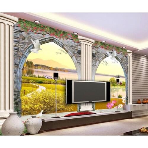 European 3D doors and windows three-dimensional sculpture Roman column TV photo 3d wallpaper Home Decoration