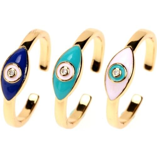 EYIKA Simple Dropping Oil Enamel Turkish Blue Evil Eye Adjustable Rings Gold Color Zircon Party Ring Jewelry for Women Girls