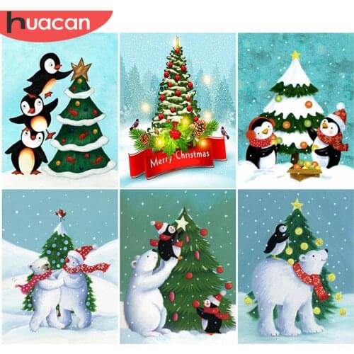 HUACAN Full Drill Diamond Embroidery Cross Stitch Penguin Winter Diamond Painting Animal Mosaic Christmas Tree Handmade Gift