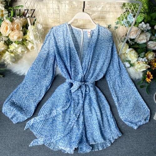 Summer Chiffon Playsuit New 2020 Fashion Women Sexy V-neck With Belt Floral Print Shorts Romper Ladies Beach Pleated Jumpsuit