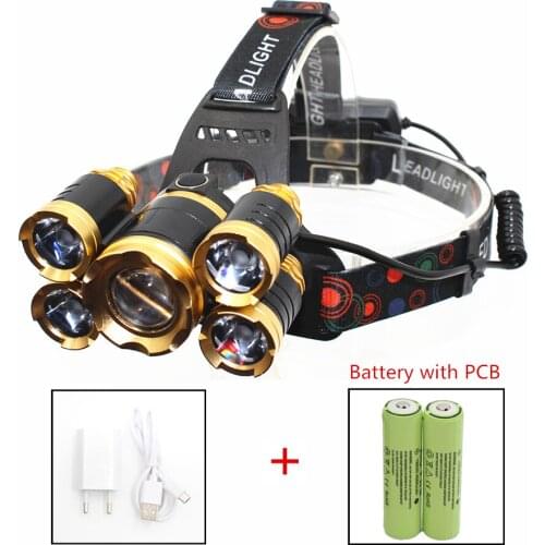 Zoom Headlamp USB Rechargeable 5 LED adjust focus light Headlight 1 T6 + 4 XPE Lamp Camping Fishing Light with 18650 PCB Battey