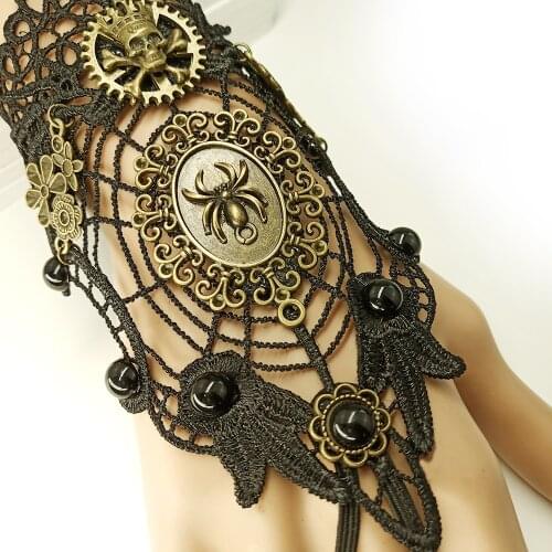 2020 New Retro Steampunk Gloves Womens Wrist Equipment Victorian Girls Spider Web Black Lace Bracelet with Ring One Chain Brace