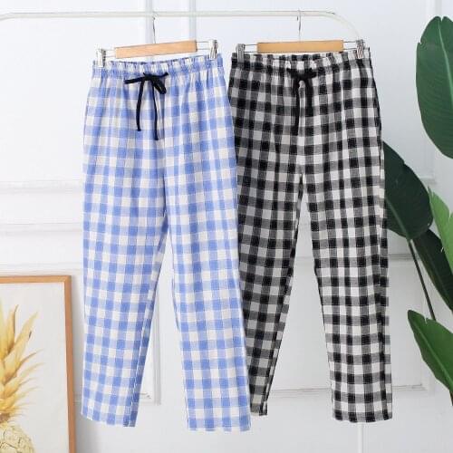 Plaid Pajama Pants Womens Trousers Japanese Loose Spring Blue and Black Plaid Trousers Cotton Casual Home Pants Sleepwear Women