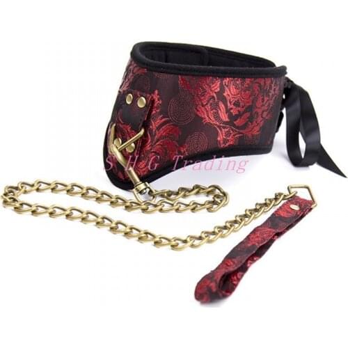 Sexy Pattern Cool Silk + Faux Leather Sex Bondage Collar And Leash Erotic Toys bed restraints Collar Sex Tools For Sale
