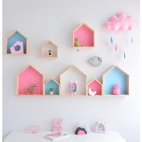 Nordic Wooden House Shelf Wall Storage Shelves Kids Children Room Decor Living Room Mounted Shelf Wall Decoration Nursery Decor