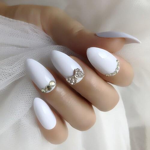 Rhinestone Custom Long Pointed Thin High Heel White Grape Purple Fake Nails Dark Green Shiny Press On False Nails for 24 Pcs