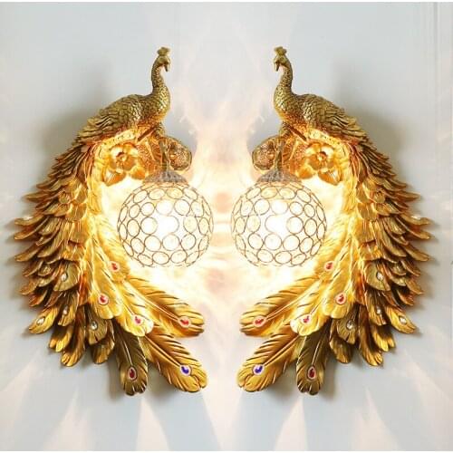 Retro LED Wall Lamp for Living Room Bedroom Sofa Background Wall Light Home Decoration Creative Resin Model Peacock Wall Sconce