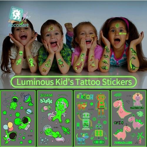 Luminous Tattoo Stickers Kid Astronaut Unicorn Dinosaur Temporary Fake Tattoos Glow on Face Arm For Children Body Art Stickers