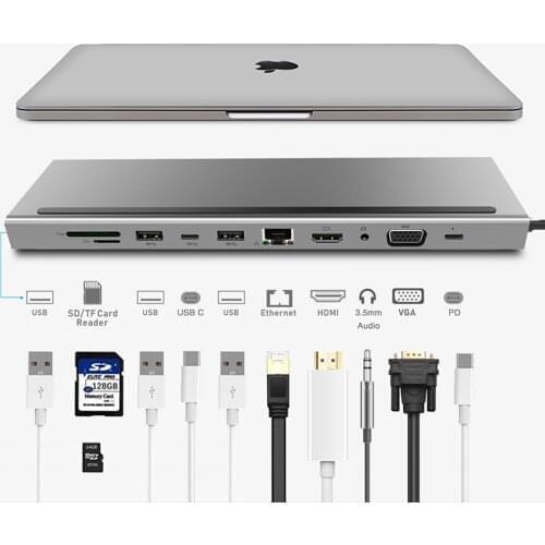USB C HUB to HDMI VGA RJ45 Ethernet USB 3.0 SD/TF Card Reader With PD Charging For Macbook Pro USB-C 3.1 Splitter Port USB-C HUB