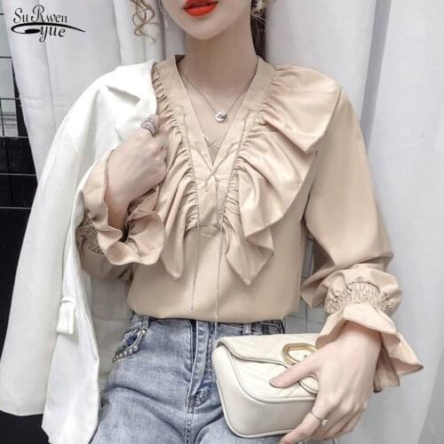 Korean Long Sleeve White Shirt Women Elegant Casual Women Shirts Blouses Ruffles Vintage Blouse Tops Women 2021 Autumn New 12266