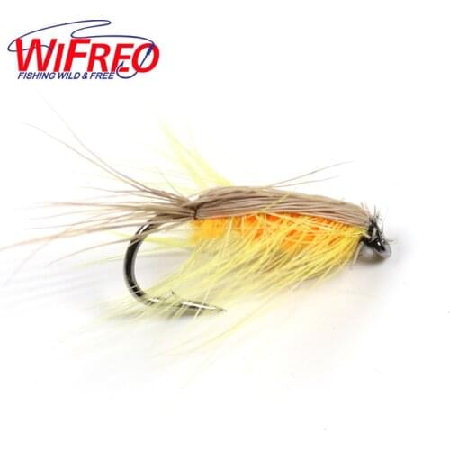 Wifreo 10PCS #6 Yellow Body Woolly Worm Caddis Nymph Fly Deer Hair Beetle Trout Fly Fishing Lure Bait