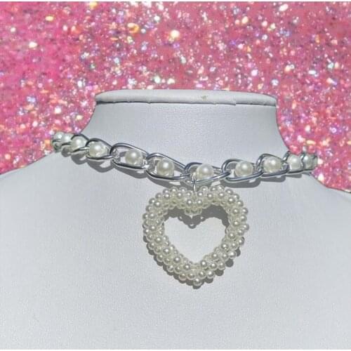 Y2K Pearl Heart Necklace For Women Beads Vintage Handmade Fashion Charms Sweet Choker Necklace Jewelry 90s Style New Party 2021