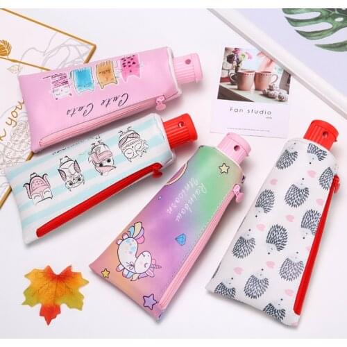 Toothpaste Shape Pencil Case With Pencil Sharpener Unicorn Cat Pencil Bag Stationery Zipper Pu Leather Penpouch School Supplies