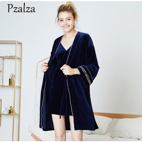 Black Nightdress+Robe 2-pc Fashion Letter Autumn Winter Robes Femme Velours Bath Robe Women Ladies Night Sleepwear Robe Gown Set