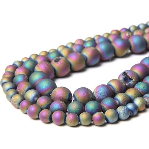 Colorful Natural Frost Matt Metallic Titanium Coated Druzy Agates Stone Beads Round Loose Beads for DIY Bracelet Necklace 15.5"