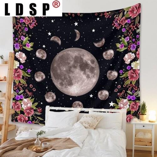 LDSP Moon Phase Tapestry Wall Hanging Psychedelic Flower Starry Sky Tapestries Black Boho Carpet Wall Cloth Cover Room Decor