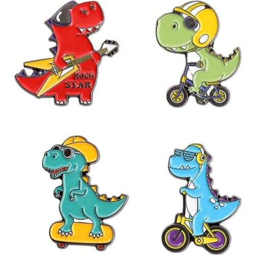 HOSENG Cartoon Red Dinosaur Skateboard Bicycle Play Guitar Funny Brooch Cute Lapel Shirt Jewelry Clothes Badge Alloy Pin HS_551
