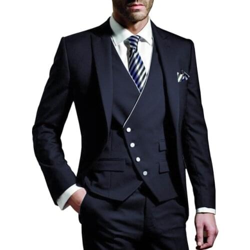3 Pieces Men Suits Notched Lable Navy Groomsuit Blazer One Button Formal Business Suits Tuxedo (( Blazer+vest+Pant)