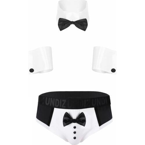 Men Lingerie Pajama Set Gentlemen Exotic Apparel Costume Nightwear Collar Cuffs with Color Block Bow Tie Tuxedo Briefs Underwear