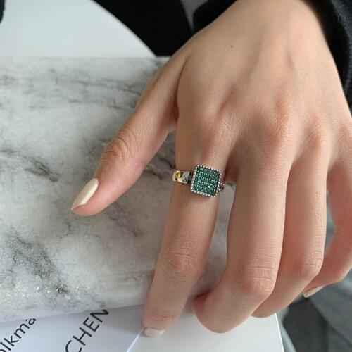 New Ins Style Green Crystal Stone Rings for Women Girl Silver Color Metal Adjustable Open Rings Party Jewelry New Year Gift