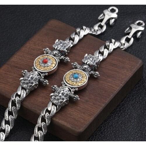 Wholesale S925 Sterling Silver Vintage Thai Silver Jewelry Silver Six-character Mantra 12 Zodiac Mens Bracelet Homme