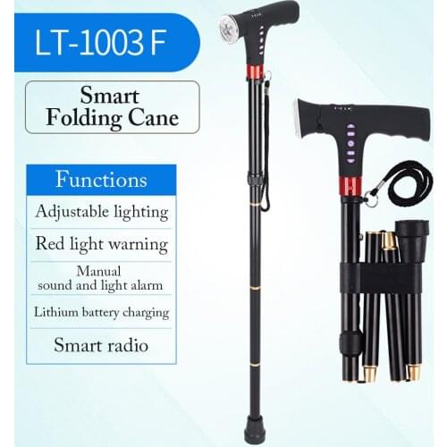 Travel Adjustable Folding Cane For Men Women With Alarm Led Light Radio And Cushionable Handle Suitable For Disabled And Elderly