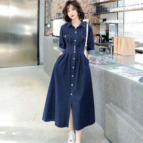 Spring Summer New 2021 Cowboy Dress Mid-length Women Denim Dress Fashion Female Cowboy Dresses Women Plus Size 4XL Dress Vestido