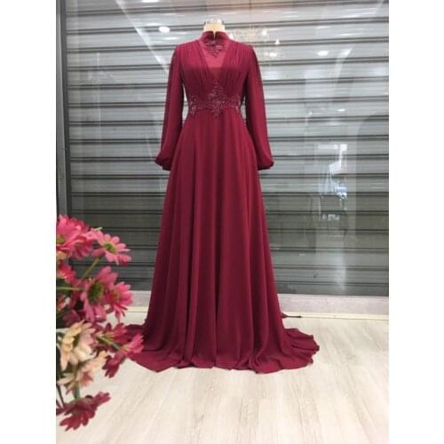 Chiffon Appliques 2021 Muslim Prom Dress High Neck Long Sleeve A Line Saudi Arabic Moroccan Caftan Evening Formal Party Gowns