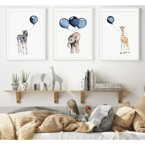 Nordic Cartoon Baby Animals Canvas Paintings Nursery Blue Balloon Art Poster Zebra Elephant Print Wall Pictures Kids Room Decor