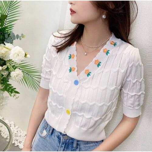 V-neck sweater women short sleeve summer 2021 new thin cardigan ice silk short sleeve embroidered hollow gentle blouse