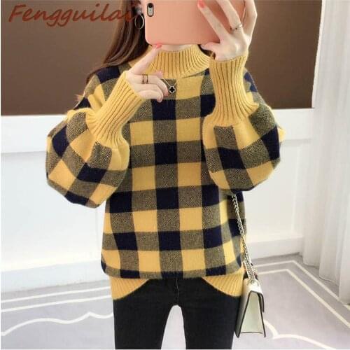 2021 Spring Autumn New Womens Sweater Lattice Pullover Long-sleeved O- Neck Fashion Lantern Sleeve Casual Plaid Sweater