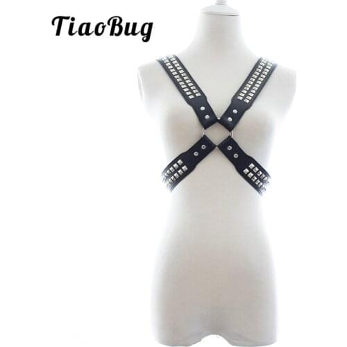 TiaoBug Fashion Punk Gothic Rave Mens Black PU Leather Pyramid Studs Sexy Men Body Chest Harness BDSM Bondage Hot Male Strap Top