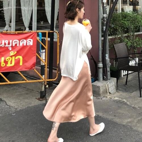 Garemay High Waist Skirt Satin Elegant Women Pink Casual A-Line Midi Long Skirts For Women Silk Summer Skirt 2020