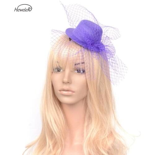Lady Women Girls Bride Purple Headdress Top Hat Cap Bowknot Veil Fascinators Hair Clips Hairpiece Cocktail Party Headwear