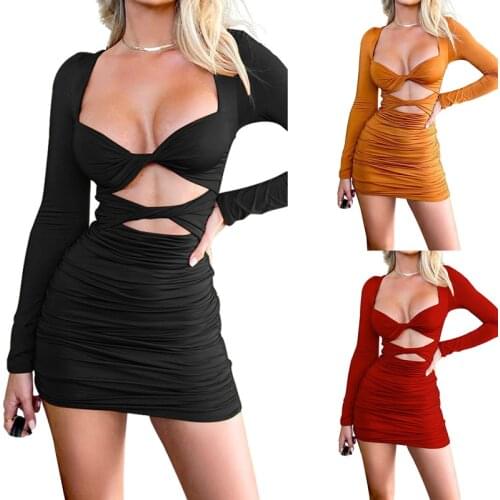 IMCUTE Sexy Hollow Low Cut Dress Y2K Womens Spring/Autumn New Folded Deep V Ruffle Dress Casual Lace Long Sleeve A-line Skirt
