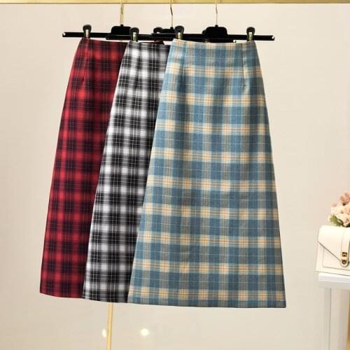 Women New Arrival Autumn Winter Midi Skirts Vintage Plaid Female Split Skirts Casual Street Lady High Waist Bottoms