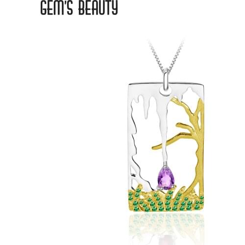 GEMS BEAUTY 925 Sterling Silver Necklace For Women Lawn Tree Rectangle Natural Water Droplet Amethyst Handmade Necklace
