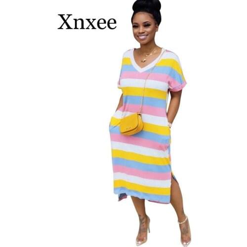 Striped Print T-shirt Dress Women V-neck Short Sleeve Loose Casual Summer Dress 2020 Sexy Slit Side Maxi Long Dress Loungewear