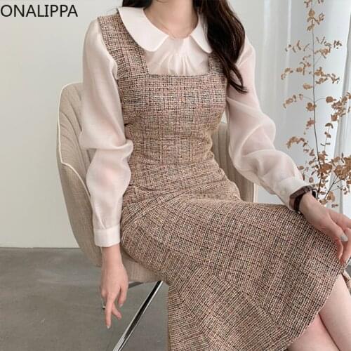 ONALIPPA Women Dress 2021 Autumn French Vintage Square Neck Waist Slimming Sleeveless Tweed Hip Fishtail Design Strap Vestidos