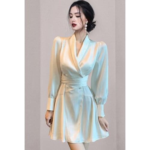 2021 Autumn Women Vestidos Temperament Fashion V-collar Beading Lace up A-Line Dress Elegant White Slim Office Lady Party Dresse