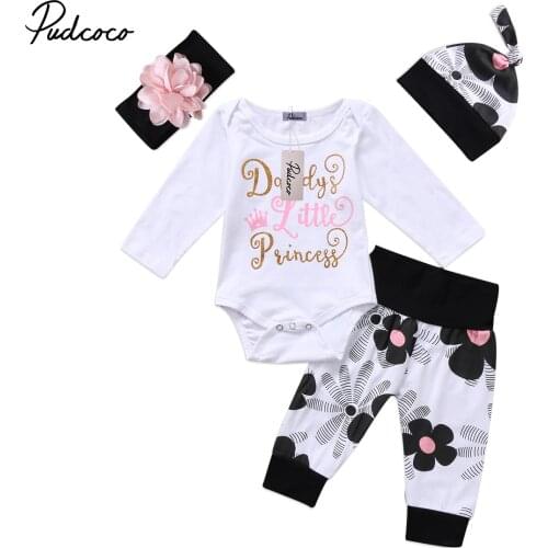 2018 Brand New 0-24M Newborn Infant Baby Girl Boys Spring Clothes Set 4PCS Long Sleeve Rrincess Romper Floral Pants Headband Hat