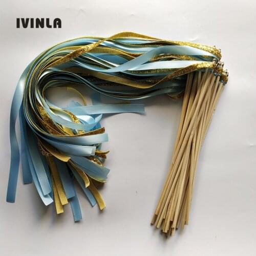 50Pieces/Lot light blue glitter stain ribbon wedding wands stick with gold bell for wedding decoration